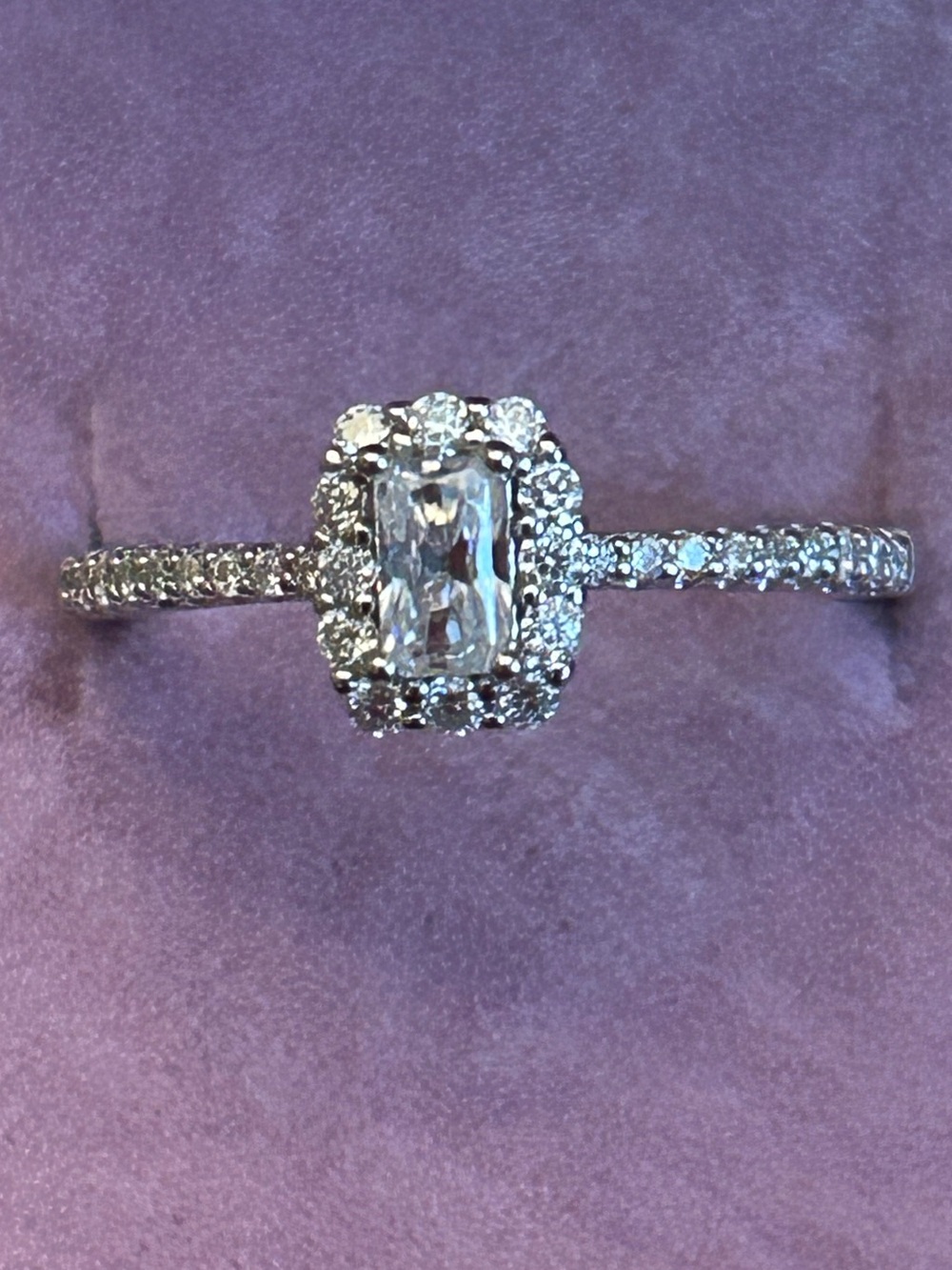 1.00CTW Moissanite Elongated Princess Cut Halo Ring in 925 Sterling Silver Size7